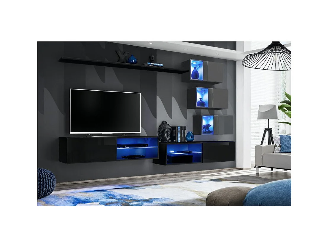 Ensemble meuble TV mural Switch XXIV - L 260 x P 40 x H 170 cm - Noir et gris