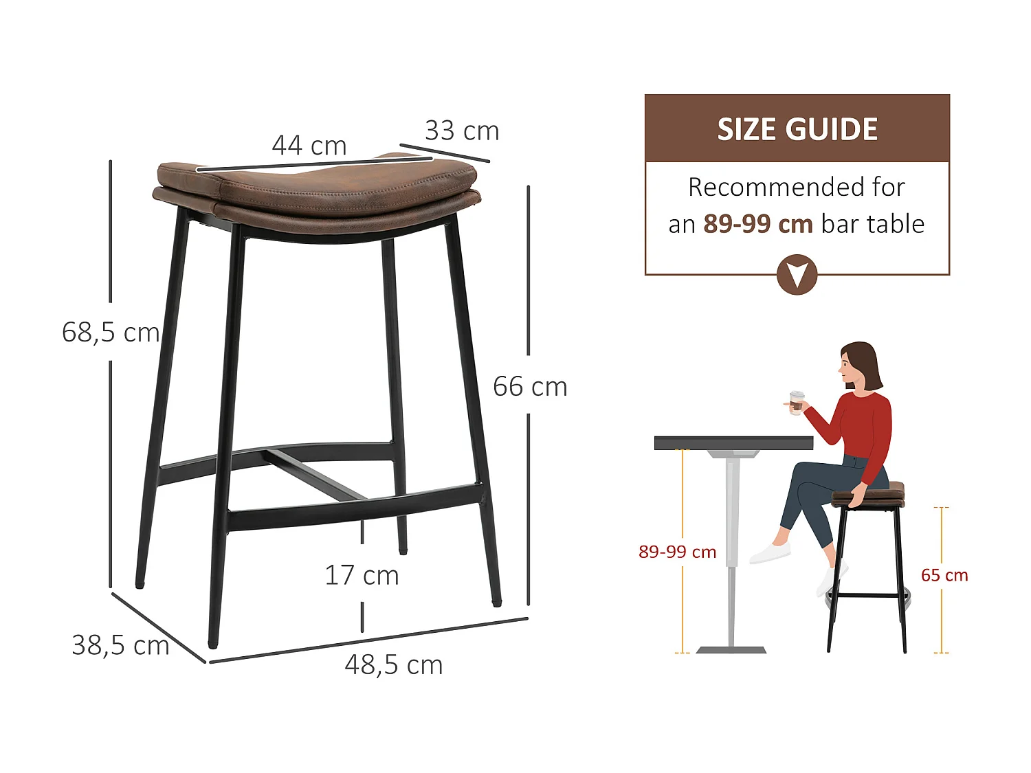 Lot de 2 tabourets de bar Vintage avec repose-pied piètement acier noir assise incurvée tissu marron effet vieilli