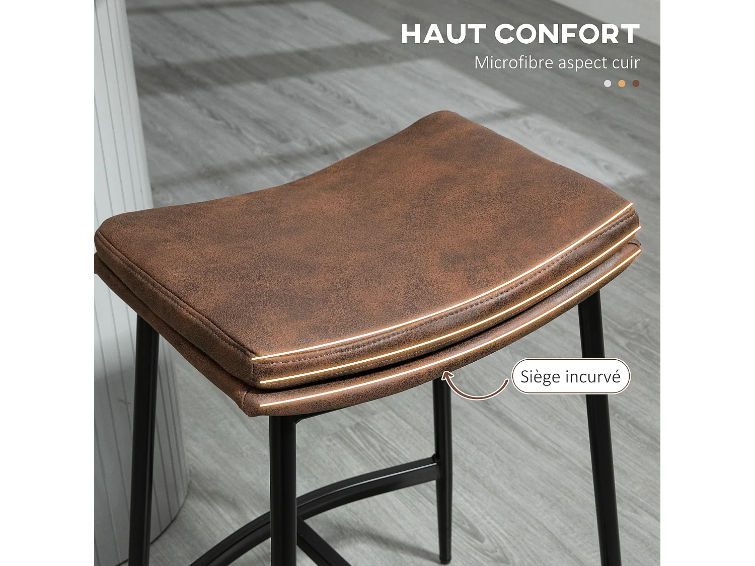Lot de 2 tabourets de bar Vintage avec repose-pied piètement acier noir assise incurvée tissu marron effet vieilli