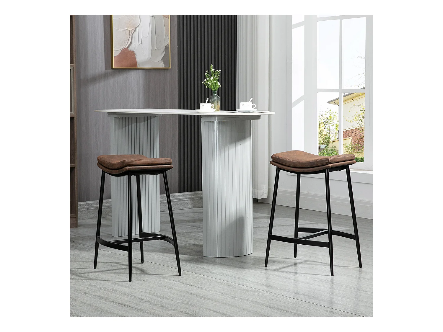 Lot de 2 tabourets de bar Vintage avec repose-pied piètement acier noir assise incurvée tissu marron effet vieilli