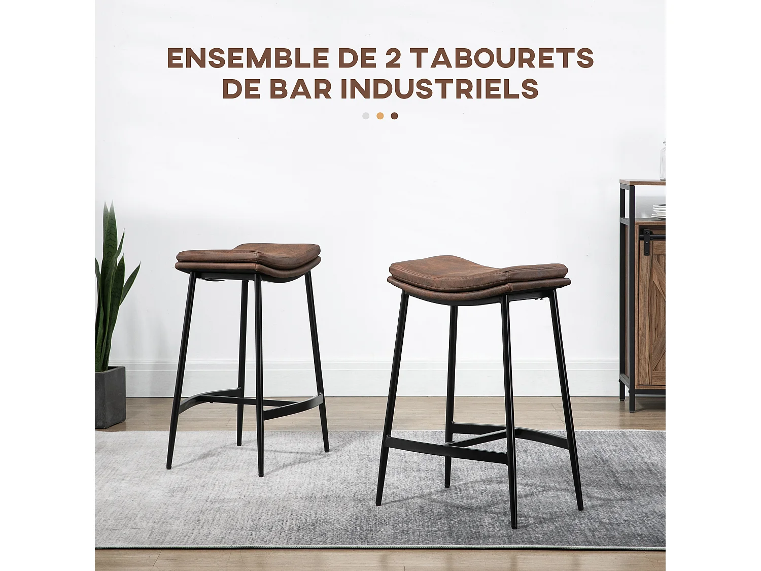 Lot de 2 tabourets de bar Vintage avec repose-pied piètement acier noir assise incurvée tissu marron effet vieilli