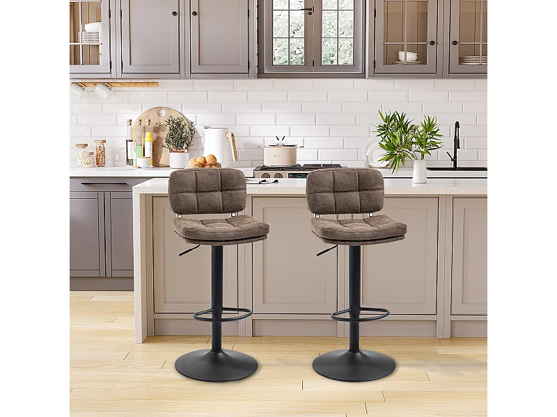 Lot de 2 tabourets de bar Vintage capitonné - pivotant, réglable - repose-pied - revêtement synthétique marron effet vieilli