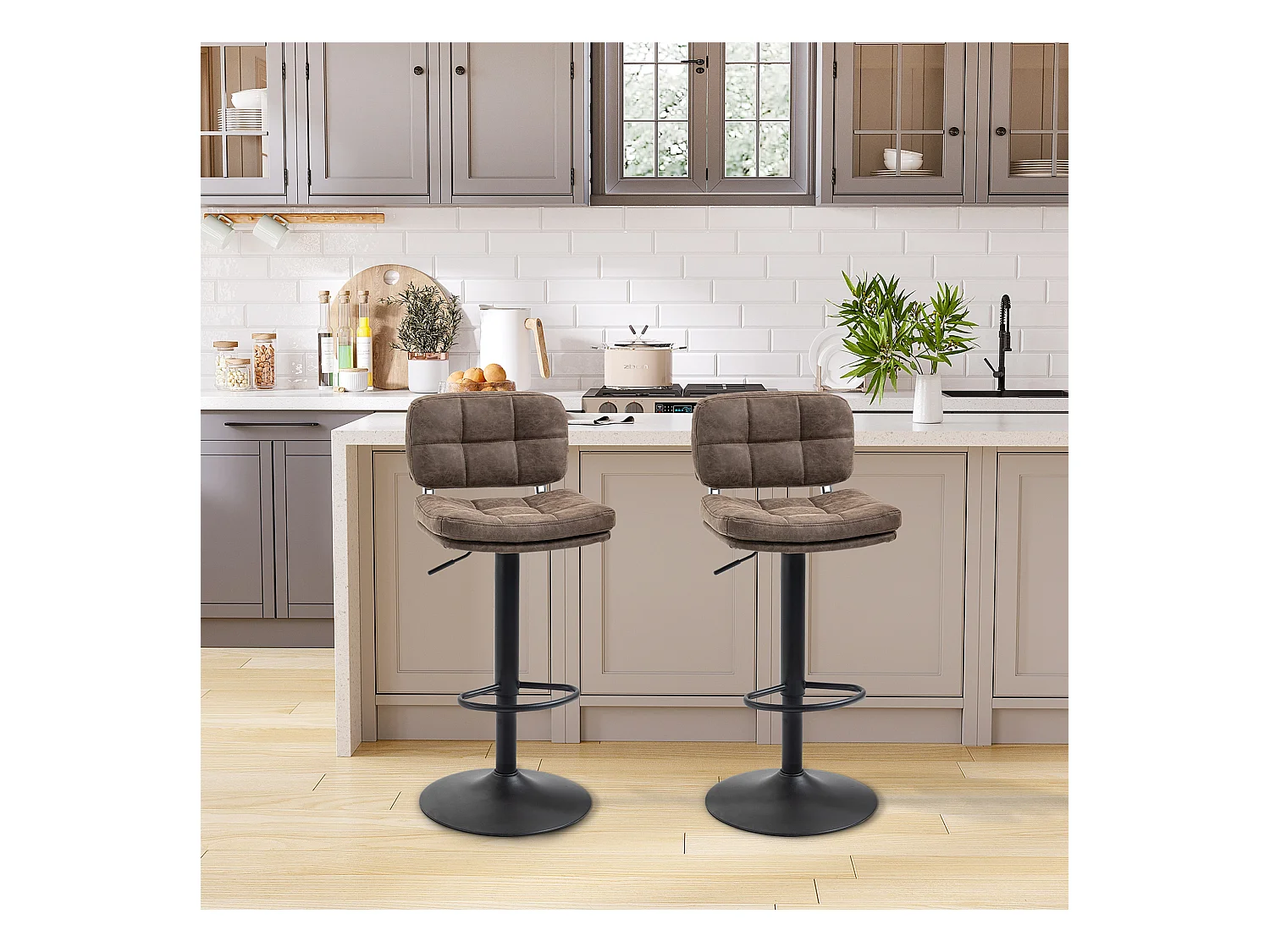 Lot de 2 tabourets de bar Vintage capitonné - pivotant, réglable - repose-pied - revêtement synthétique marron effet vieilli