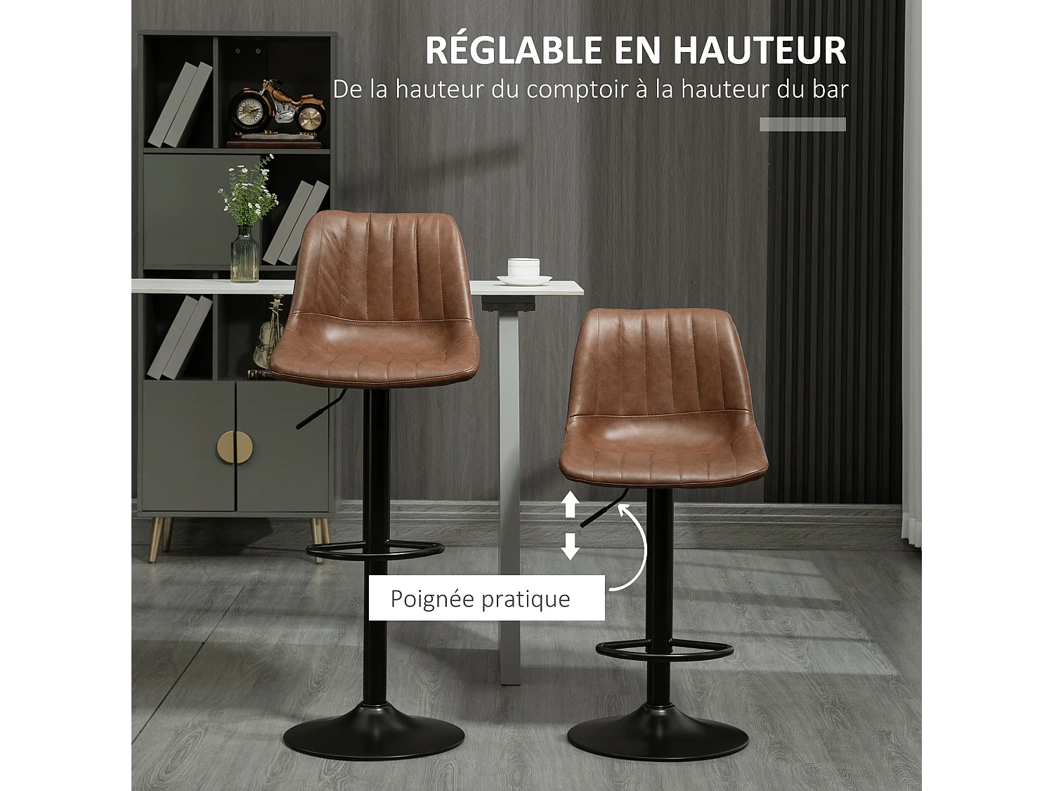 Lot de 2 tabourets de bar Vintage pivotant réglable - repose-pied - revêtement synthétique marron