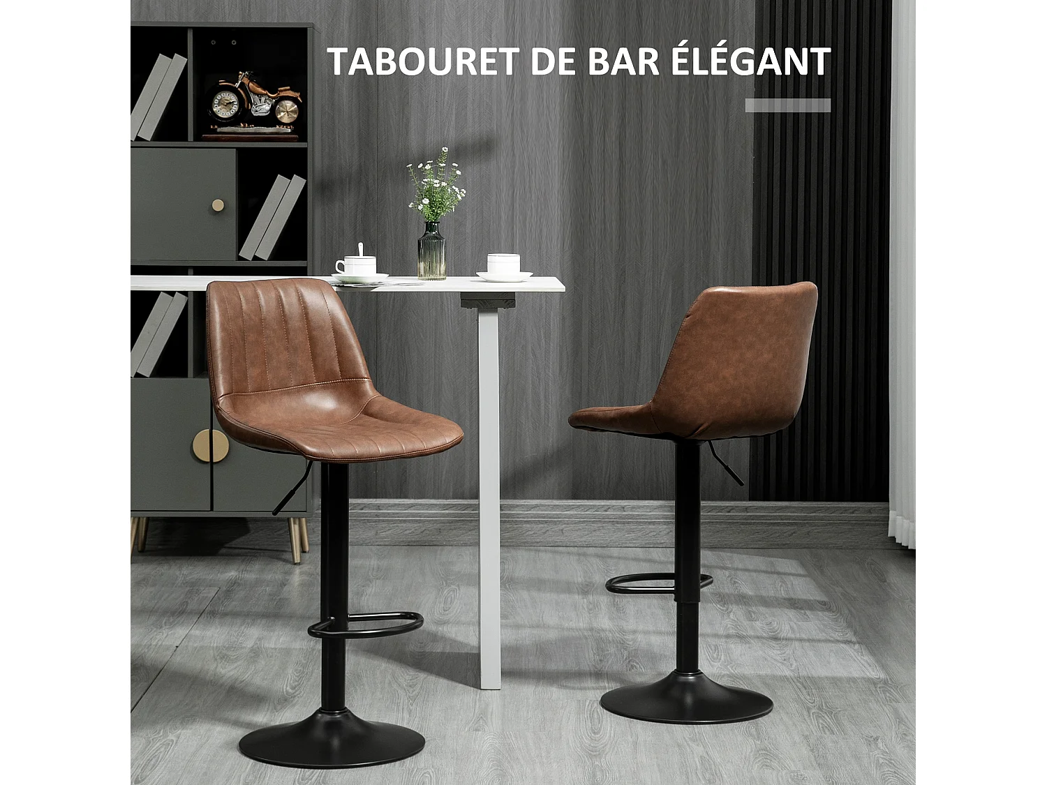Lot de 2 tabourets de bar Vintage pivotant réglable - repose-pied - revêtement synthétique marron