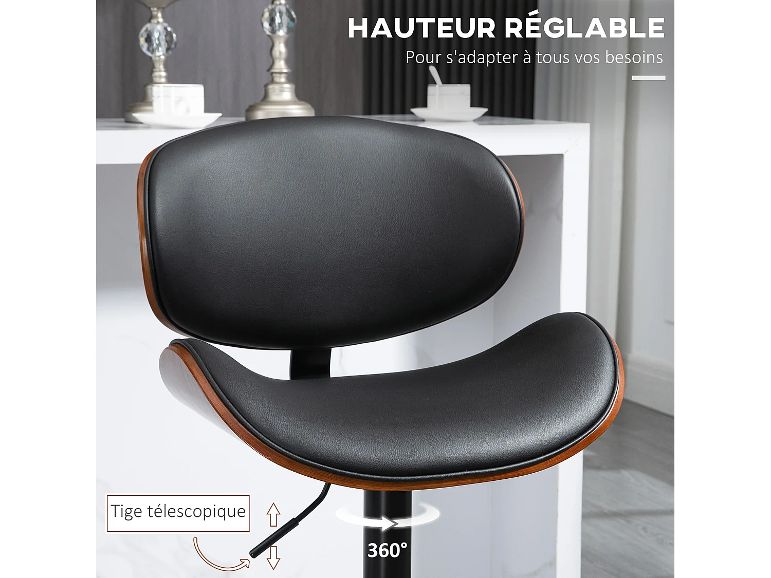 Lot de 2 tabourets de bar design contemporain hauteur d'assise réglable 62-82 cm pivotant 360° bois revêtement synthétique noir
