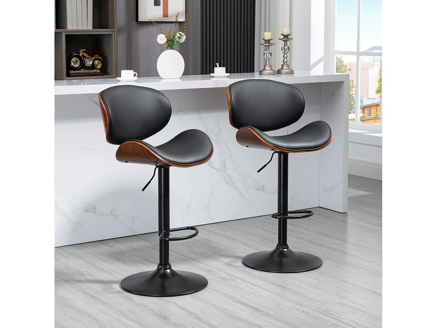 Lot de 2 tabourets de bar design contemporain hauteur d'assise réglable 62-82 cm pivotant 360° bois revêtement synthétique noir