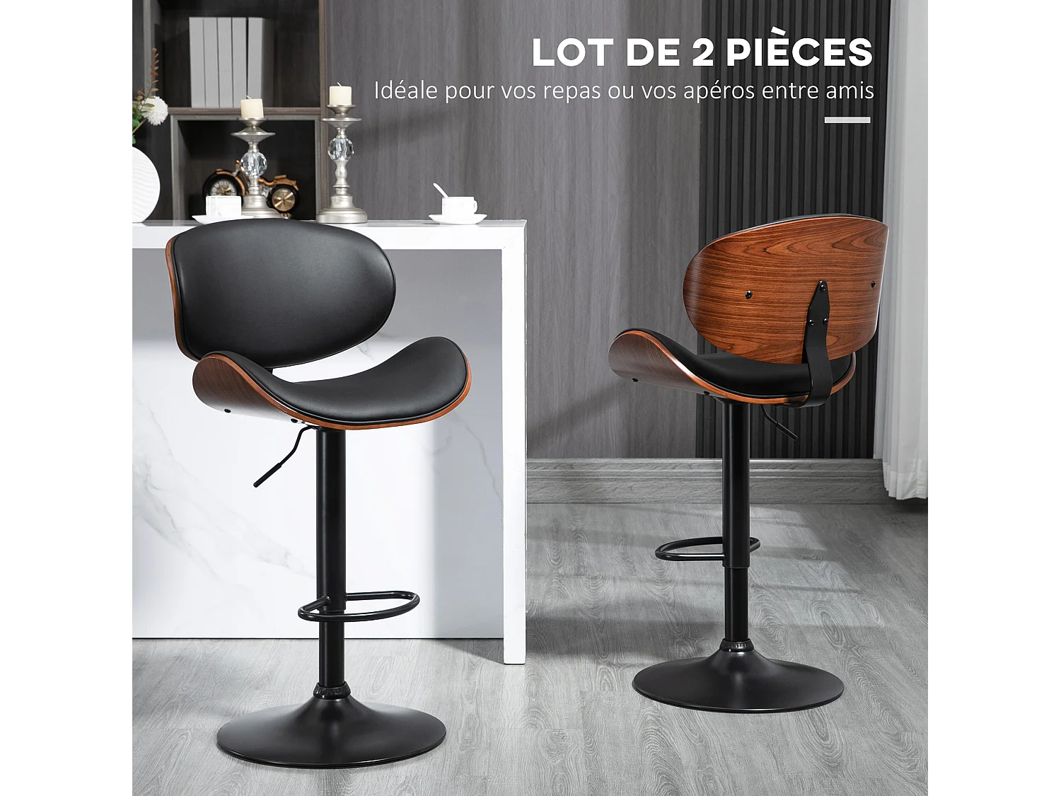 Lot de 2 tabourets de bar design contemporain hauteur d'assise réglable 62-82 cm pivotant 360° bois revêtement synthétique noir