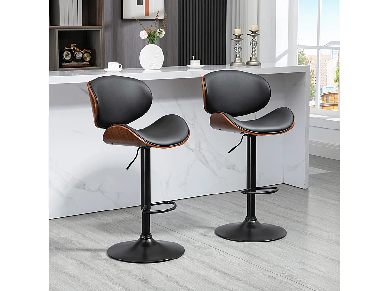 Lot de 2 tabourets de bar design contemporain hauteur d'assise réglable 62-82 cm pivotant 360° bois revêtement synthétique noir