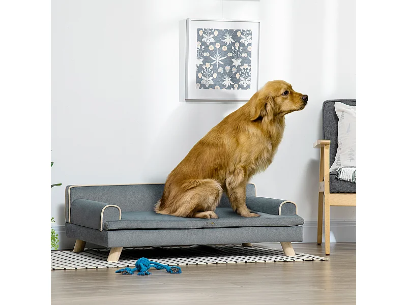Canapé chien lit pour chien design scandinave coussin moelleux piètement bois dim. 100L x 62l x 32H cm polyester gris
