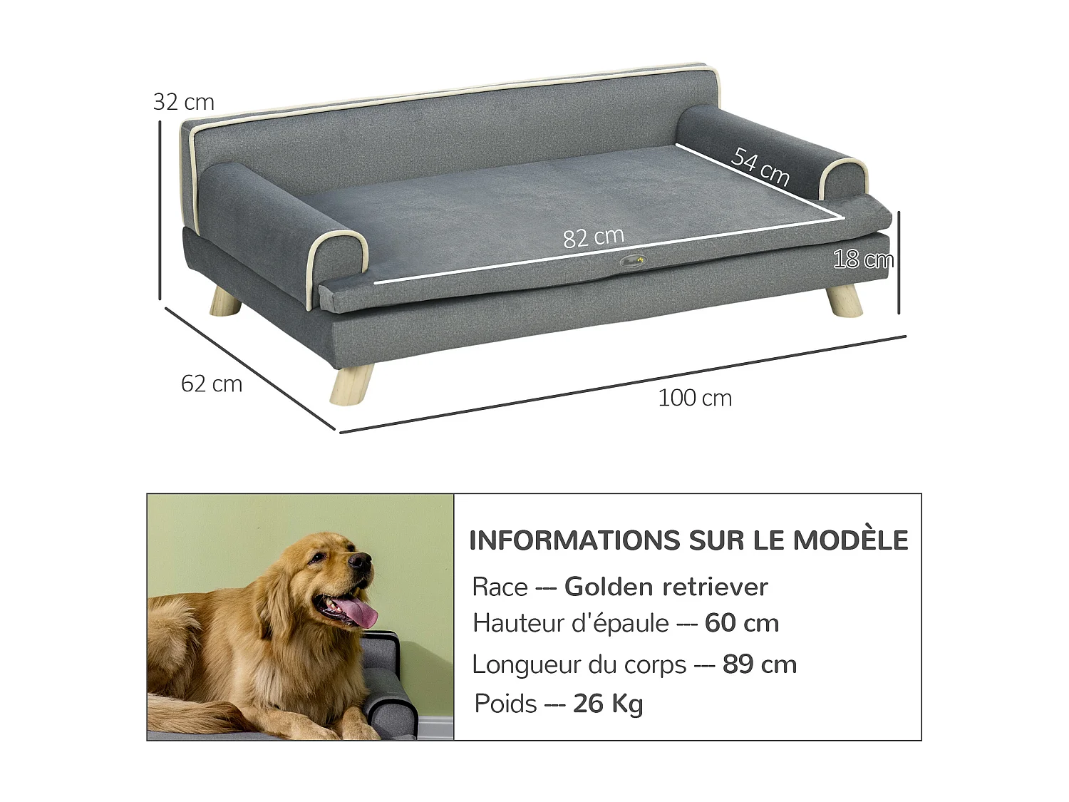 Canapé chien lit pour chien design scandinave coussin moelleux piètement bois dim. 100L x 62l x 32H cm polyester gris