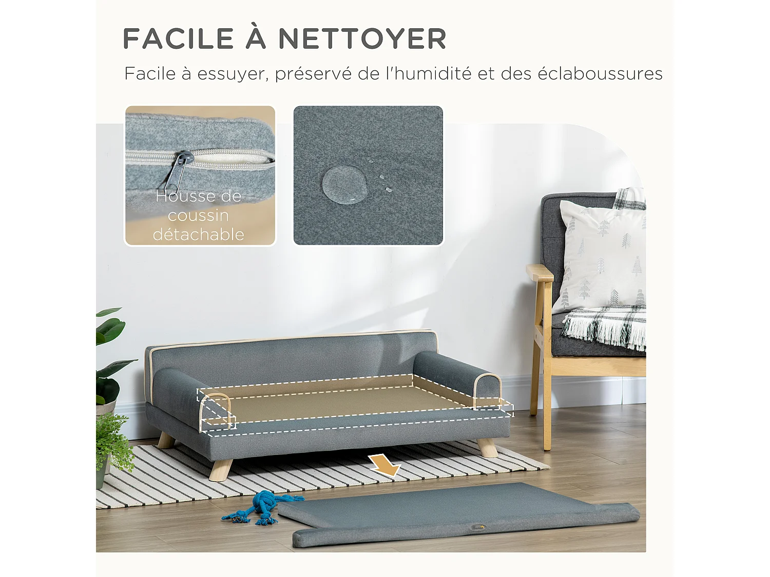 Canapé chien lit pour chien design scandinave coussin moelleux piètement bois dim. 100L x 62l x 32H cm polyester gris