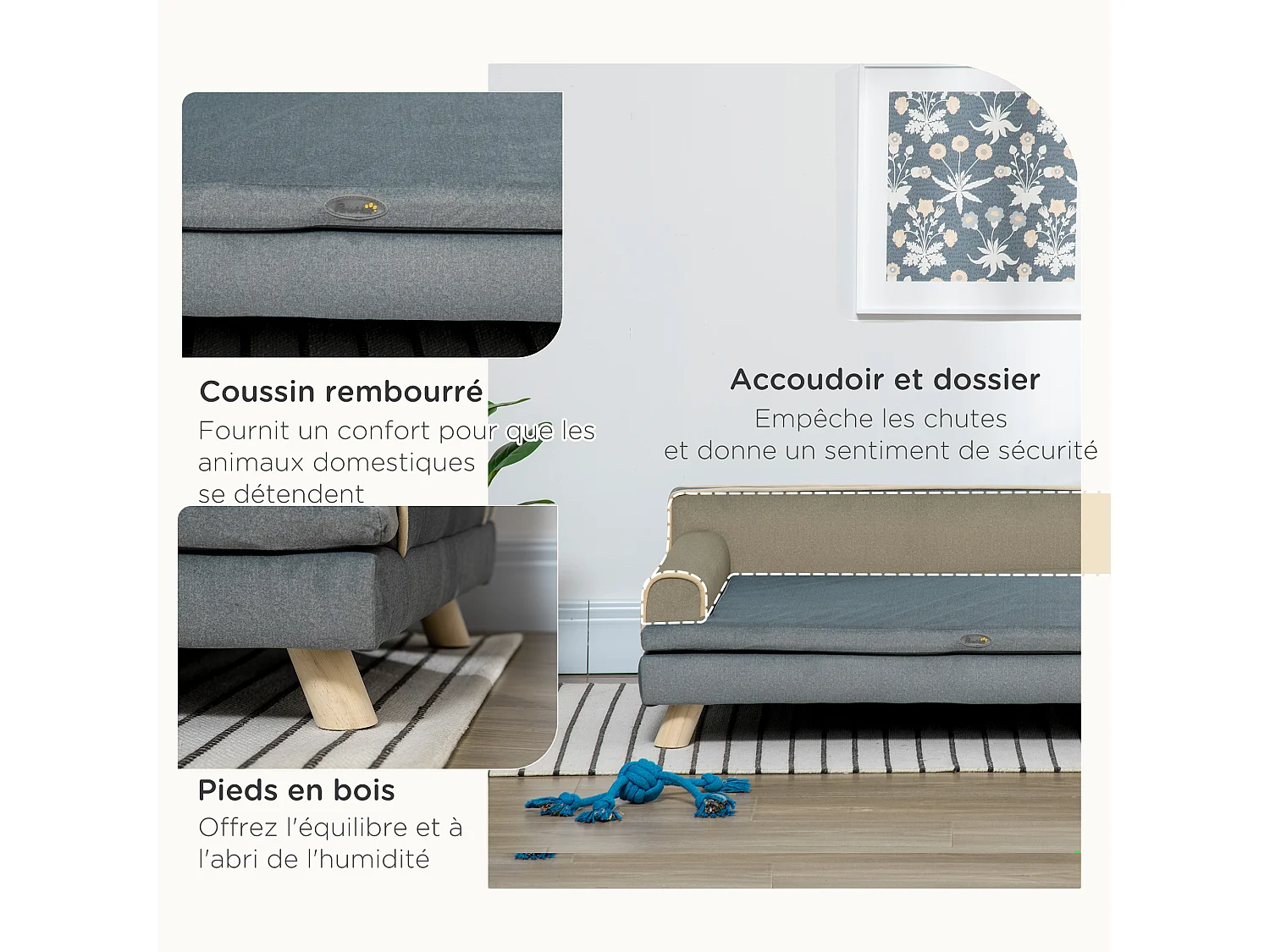 Canapé chien lit pour chien design scandinave coussin moelleux piètement bois dim. 100L x 62l x 32H cm polyester gris