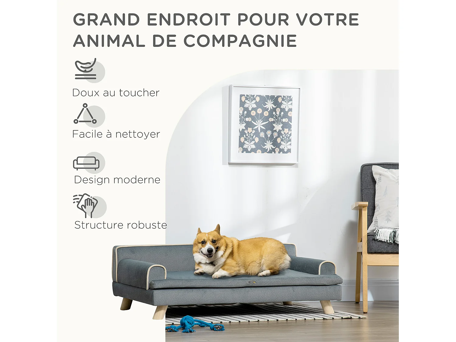 Canapé chien lit pour chien design scandinave coussin moelleux piètement bois dim. 100L x 62l x 32H cm polyester gris