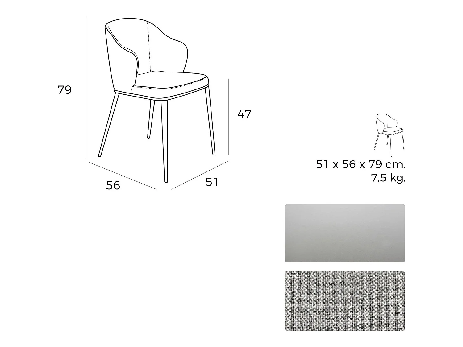 Chaise rembourrée structure acier inoxydable peint
