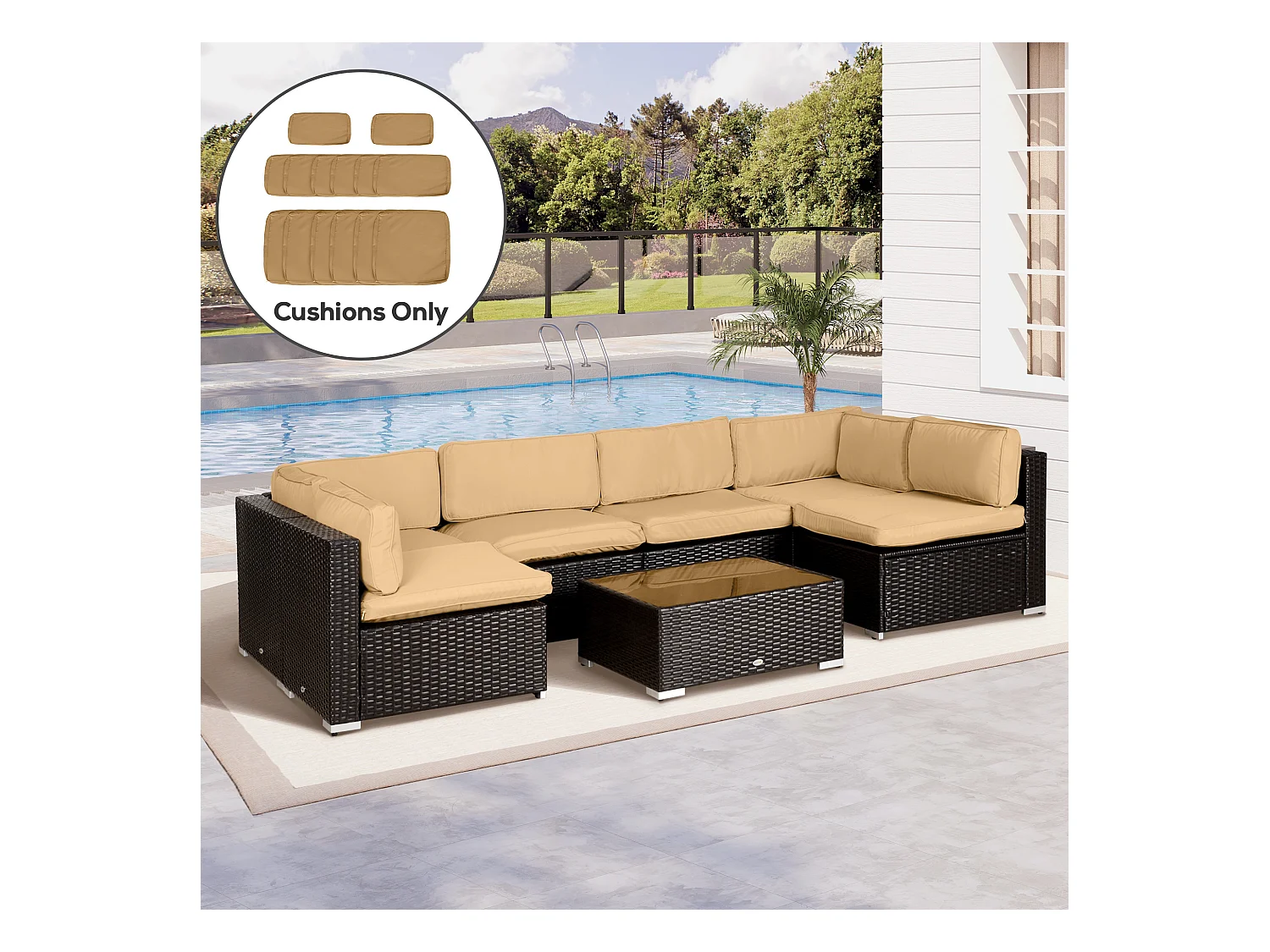 Lot de 14 housses de rechange coussins salon de jardin - 6 housses coussin d'assise, 8 housses coussin dossier - housses zippées polyester déperlant marron