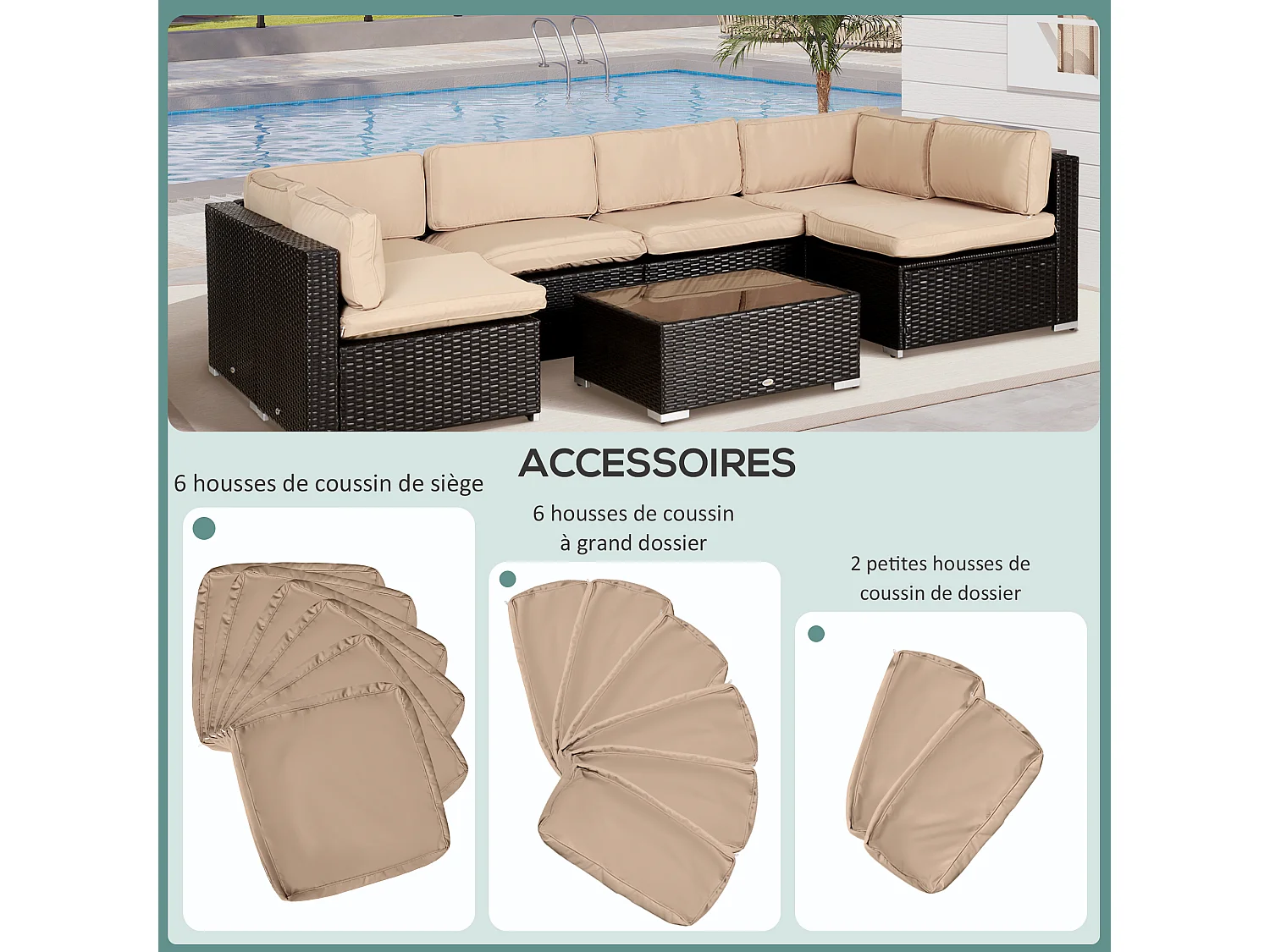 Lot de 14 housses de rechange coussins salon de jardin - 6 housses coussin d'assise, 8 housses coussin dossier - housses zippées polyester déperlant marron