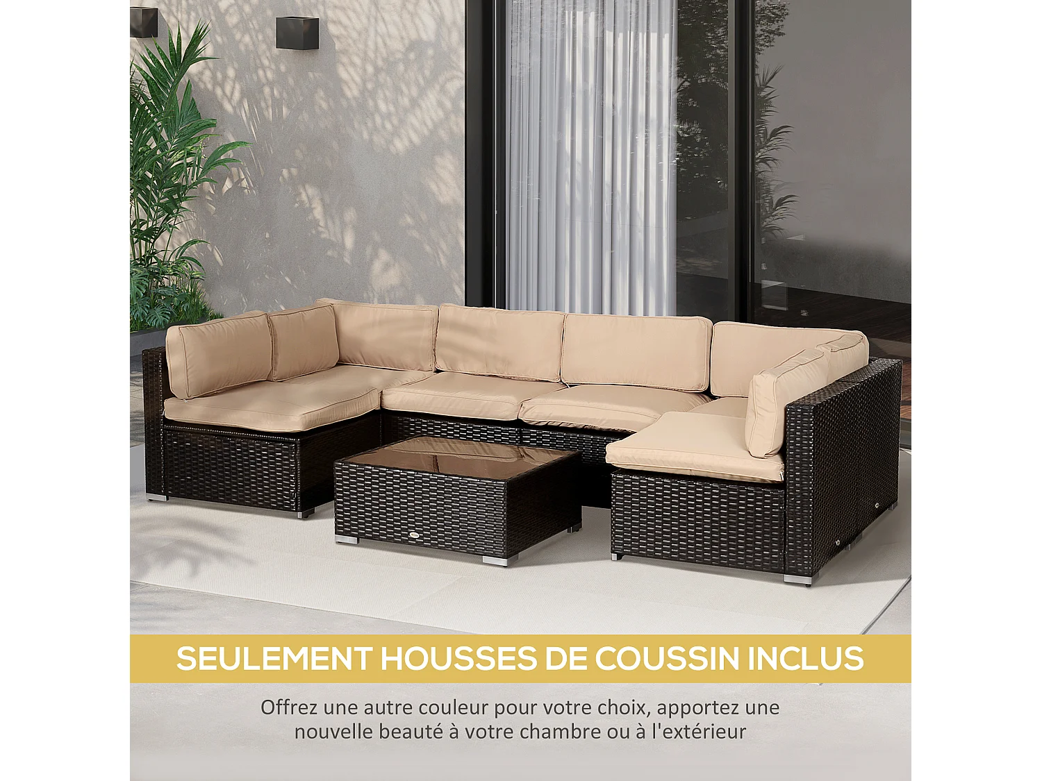 Lot de 14 housses de rechange coussins salon de jardin - 6 housses coussin d'assise, 8 housses coussin dossier - housses zippées polyester déperlant marron