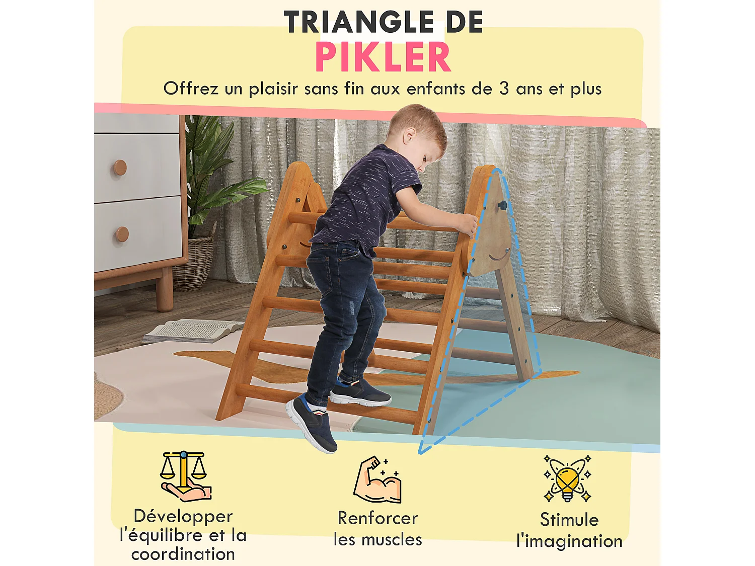 Triangle d'escalade enfant - aire de jeux pour enfants - mur escalade - pliable - bois de hêtre