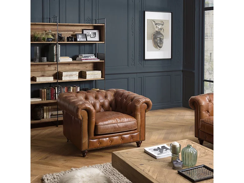 GASTON - Fauteuil CHESTERFIELD capitonné vintage cuir marron