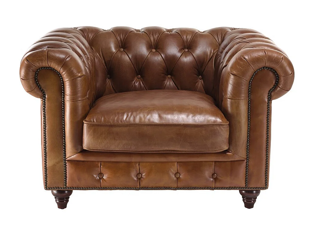 GASTON - Fauteuil CHESTERFIELD capitonné vintage cuir marron