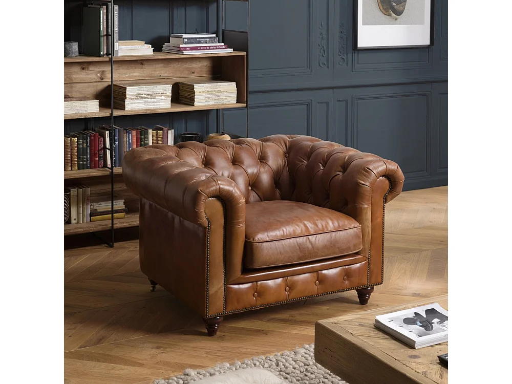 GASTON - Fauteuil CHESTERFIELD capitonné vintage cuir marron