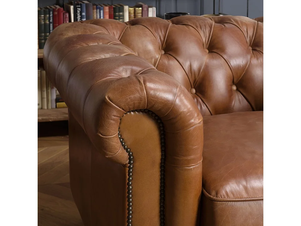 GASTON - Fauteuil CHESTERFIELD capitonné vintage cuir marron