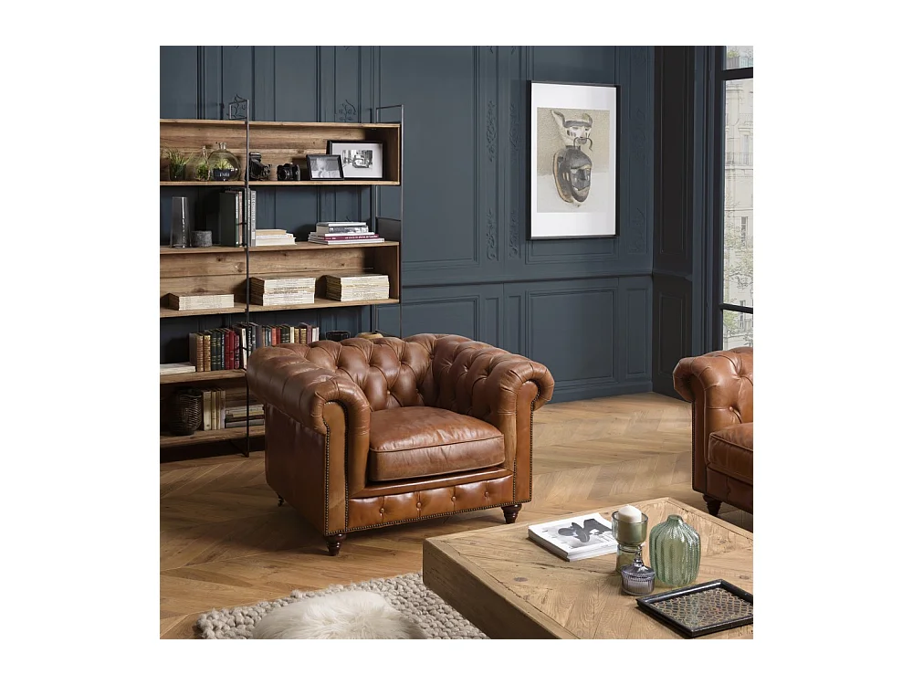 GASTON - Fauteuil marron CHESTERFIELD capitonné vintage 1 place cuir pieds bois