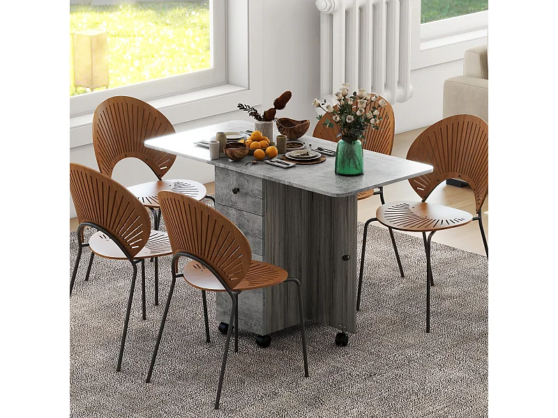 Table pliable de cuisine salle à manger - 2 tiroirs, placard, niche - panneaux aspect bois béton ciré gris