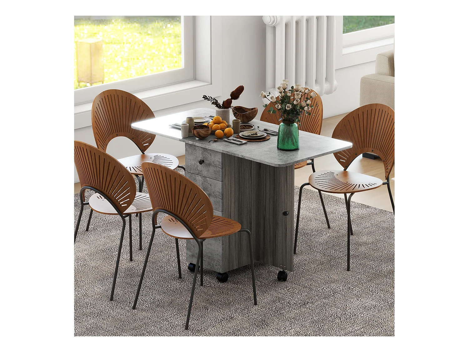 Table pliable de cuisine salle à manger - 2 tiroirs, placard, niche - panneaux aspect bois béton ciré gris