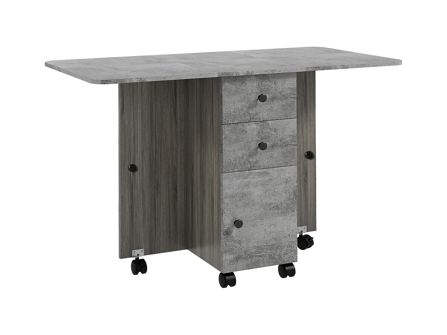 Table pliable de cuisine salle à manger - 2 tiroirs, placard, niche - panneaux aspect bois béton ciré gris