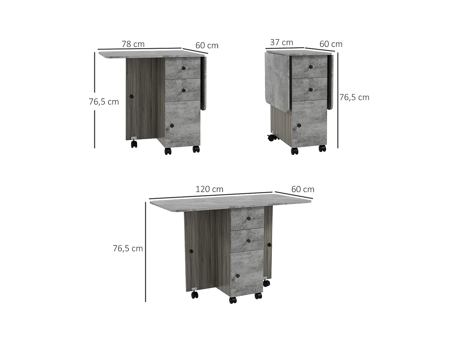 Table pliable de cuisine salle à manger - 2 tiroirs, placard, niche - panneaux aspect bois béton ciré gris