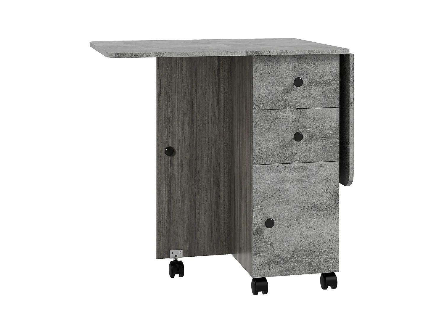 Table pliable de cuisine salle à manger - 2 tiroirs, placard, niche - panneaux aspect bois béton ciré gris