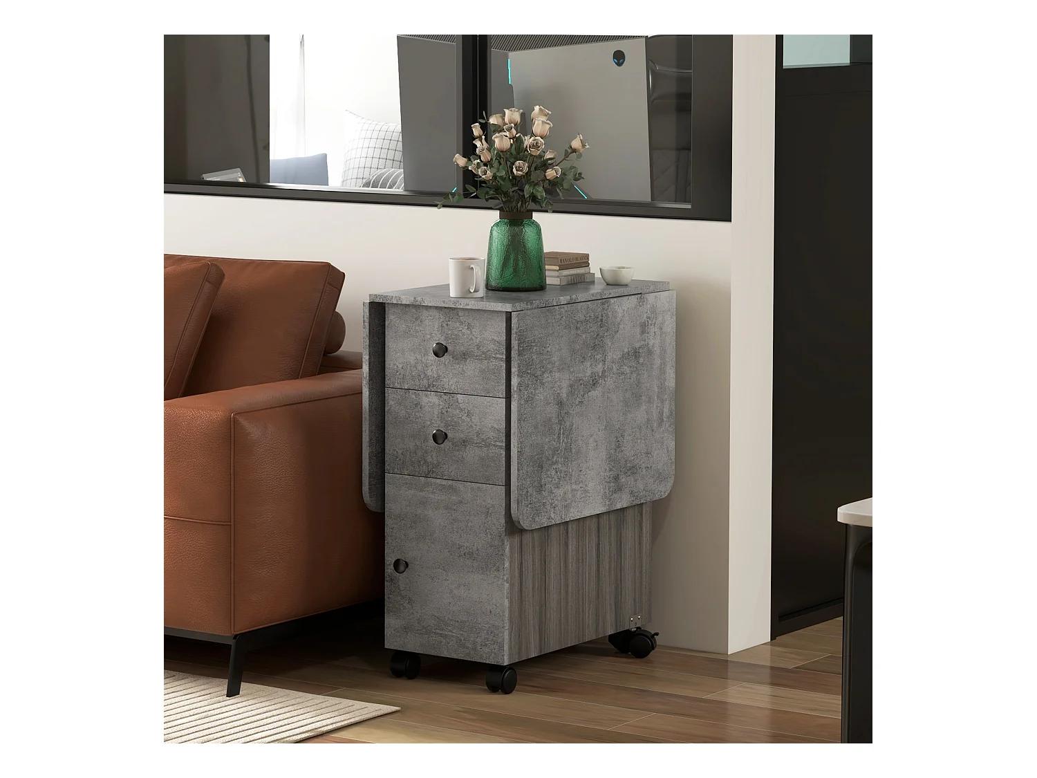 Table pliable de cuisine salle à manger - 2 tiroirs, placard, niche - panneaux aspect bois béton ciré gris