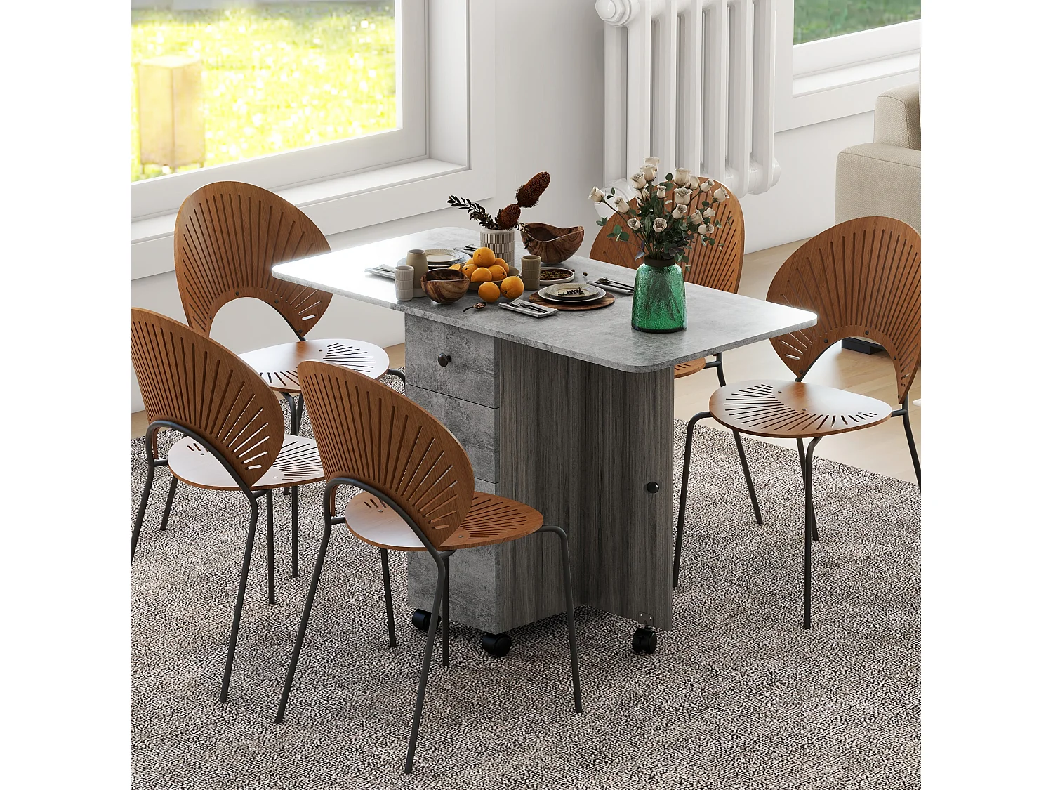 Table pliable de cuisine salle à manger - 2 tiroirs, placard, niche - panneaux aspect bois béton ciré gris