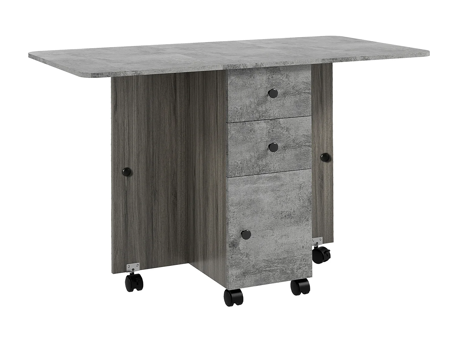 Table pliable de cuisine salle à manger - 2 tiroirs, placard, niche - panneaux aspect bois béton ciré gris