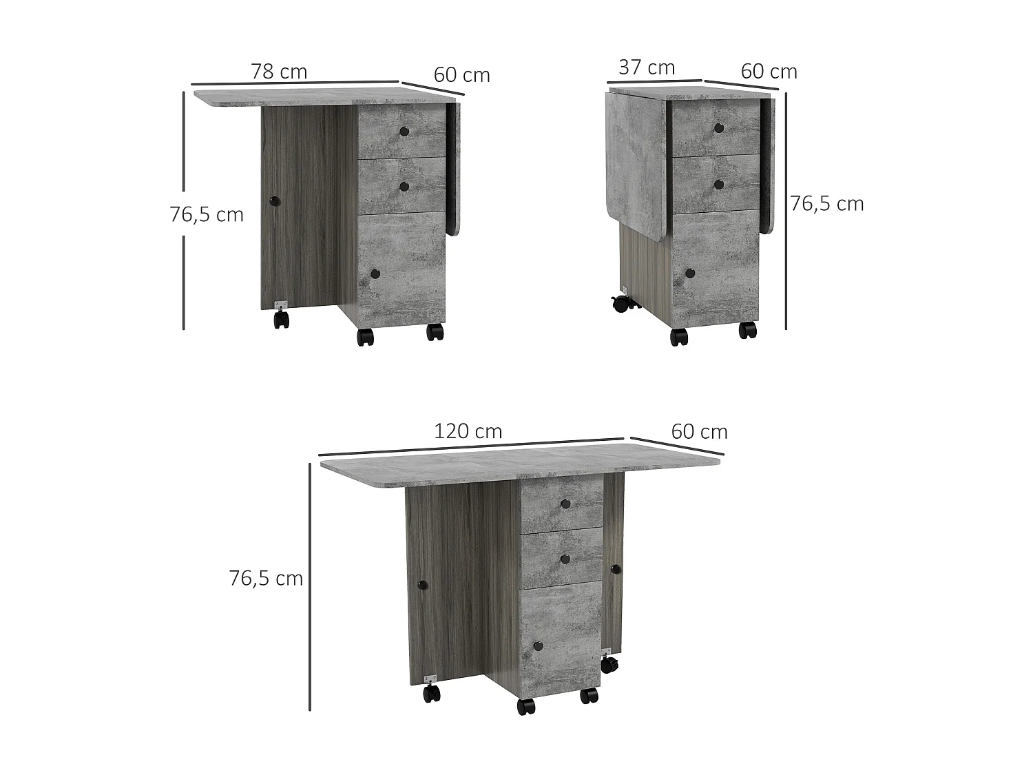 Table pliable de cuisine salle à manger - 2 tiroirs, placard, niche - panneaux aspect bois béton ciré gris