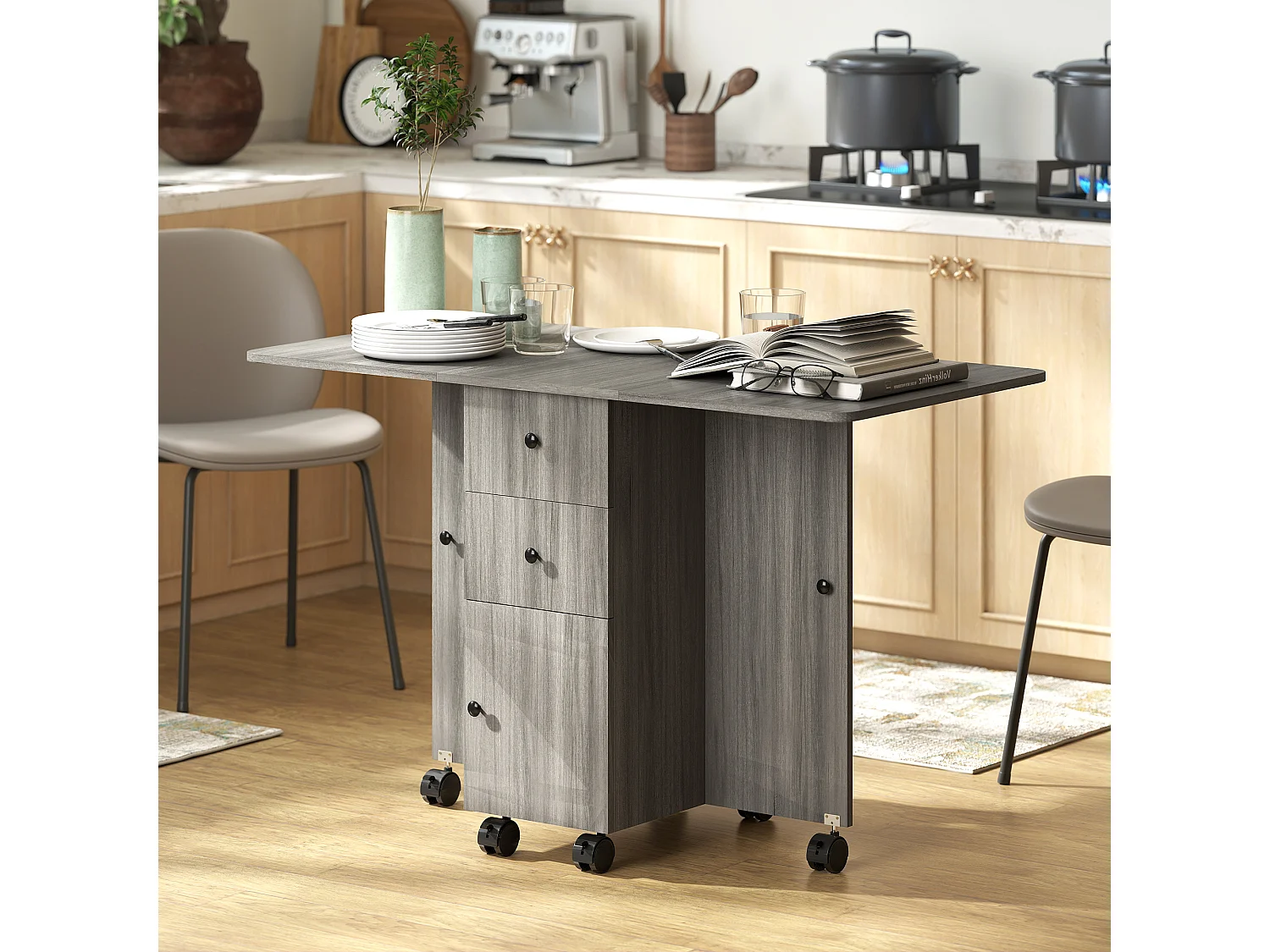 Table pliable de cuisine salle à manger - 2 tiroirs, placard, niche - panneaux aspect bois anthracite