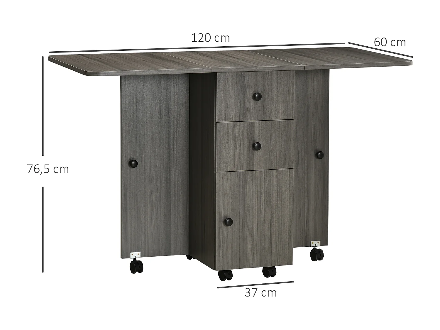 Table pliable de cuisine salle à manger - 2 tiroirs, placard, niche - panneaux aspect bois anthracite
