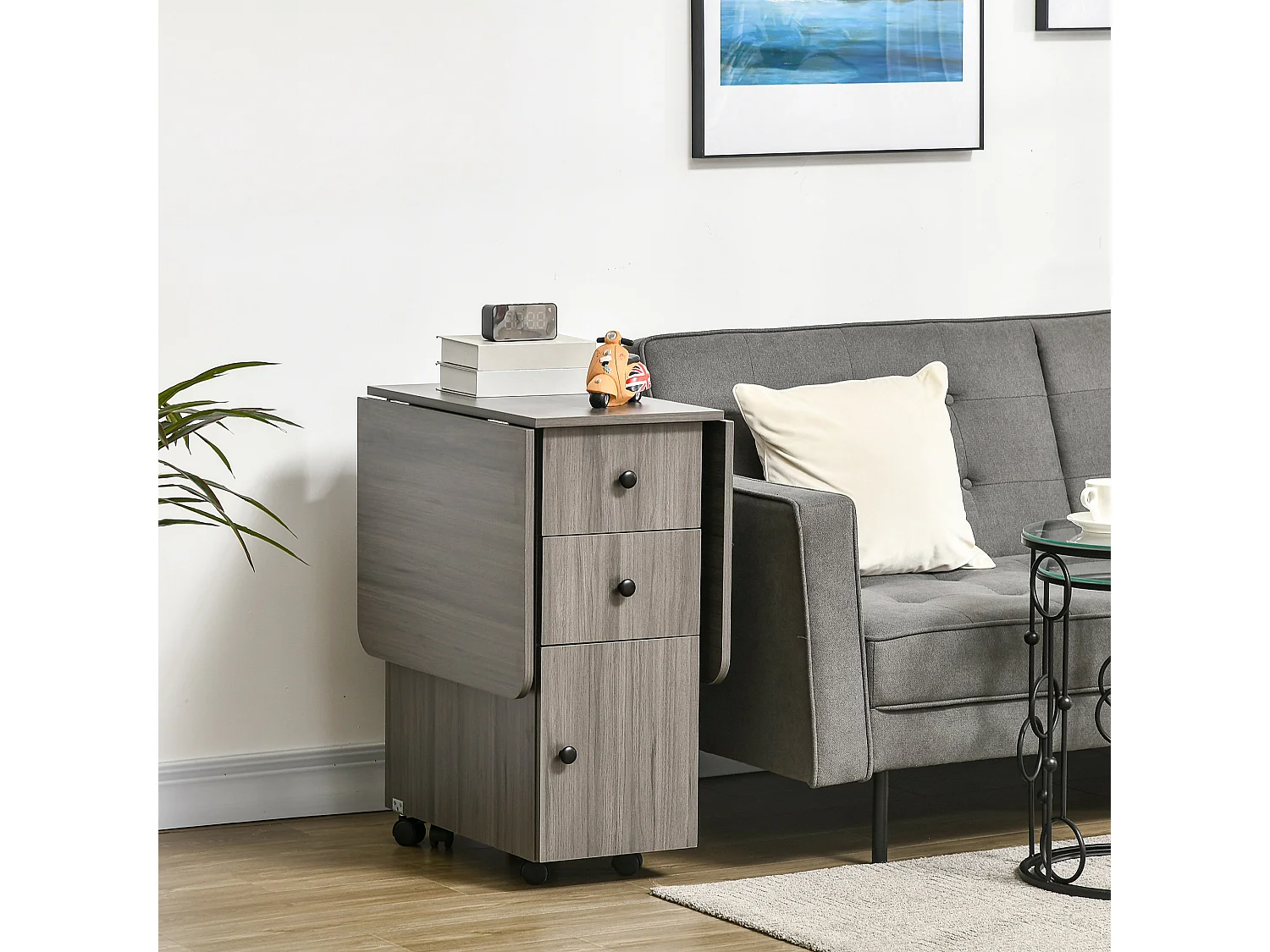 Table pliable de cuisine salle à manger - 2 tiroirs, placard, niche - panneaux aspect bois anthracite