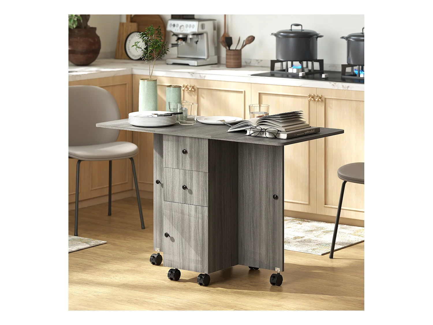 Table pliable de cuisine salle à manger - 2 tiroirs, placard, niche - panneaux aspect bois anthracite