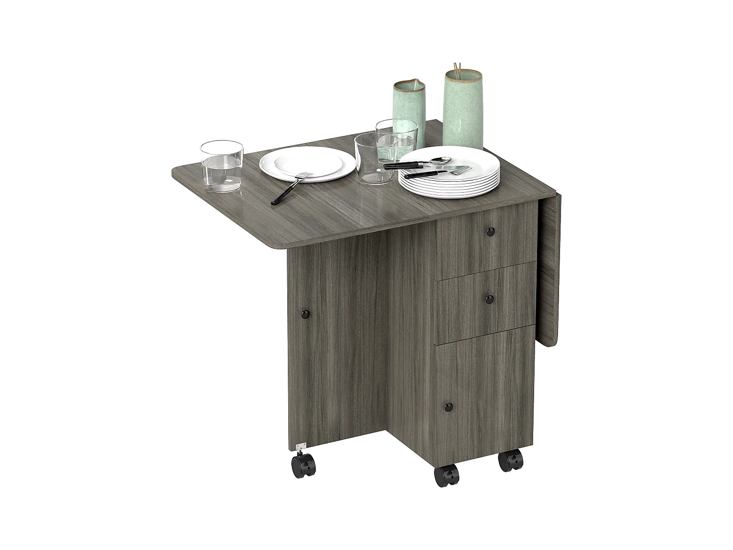 Table pliable de cuisine salle à manger - 2 tiroirs, placard, niche - panneaux aspect bois anthracite