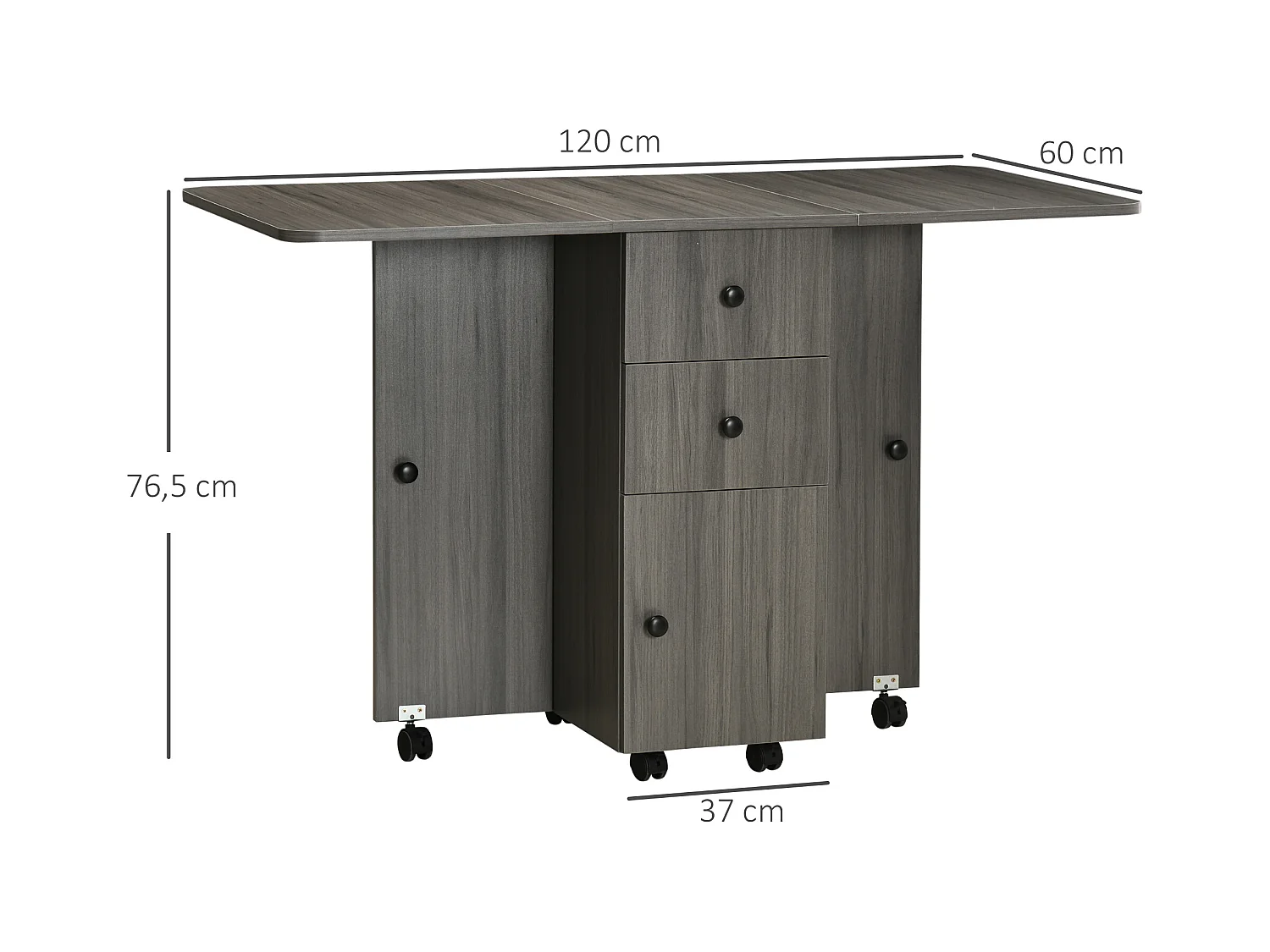 Table pliable de cuisine salle à manger - 2 tiroirs, placard, niche - panneaux aspect bois anthracite