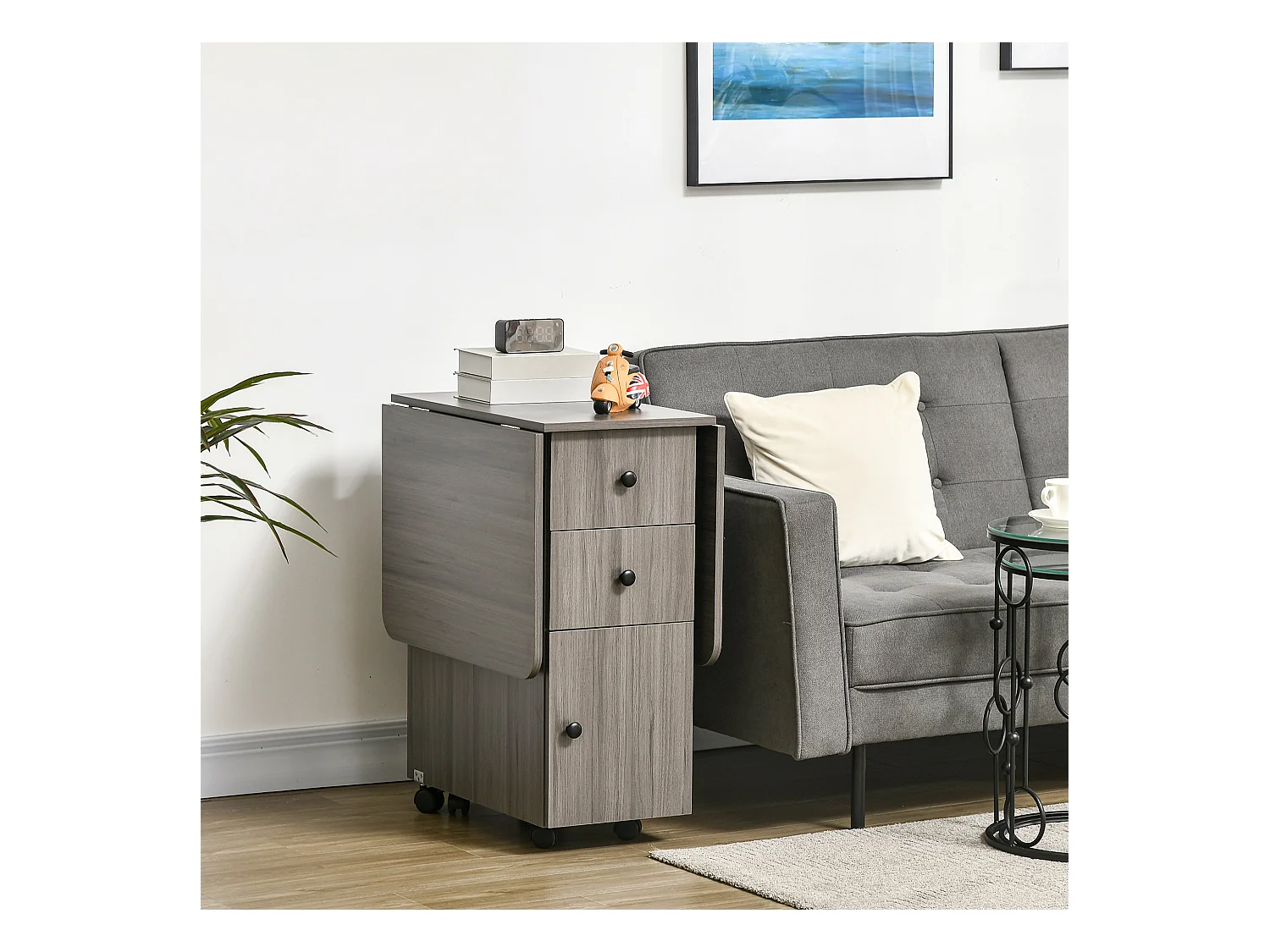 Table pliable de cuisine salle à manger - 2 tiroirs, placard, niche - panneaux aspect bois anthracite