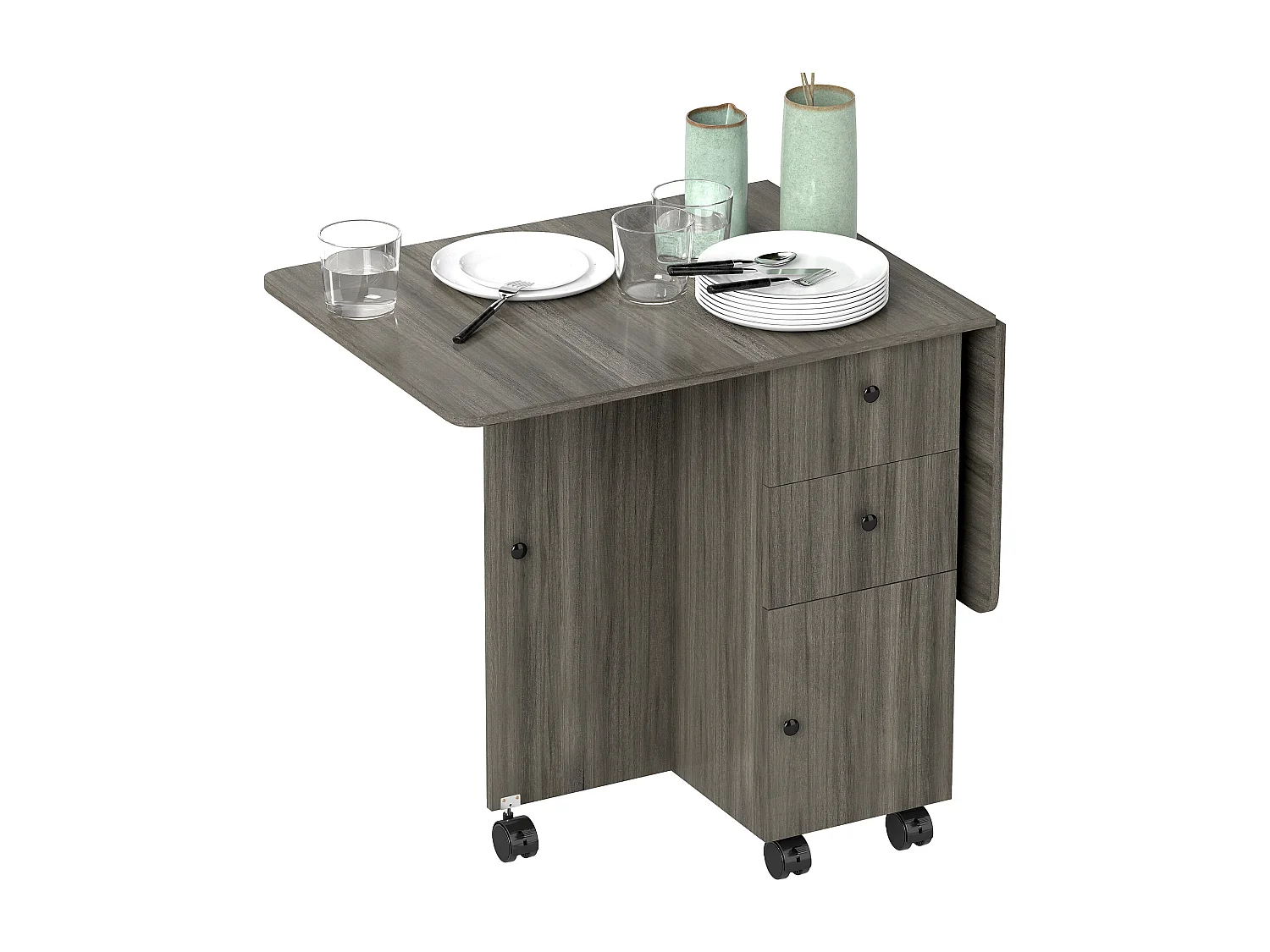 Table pliable de cuisine salle à manger - 2 tiroirs, placard, niche - panneaux aspect bois anthracite