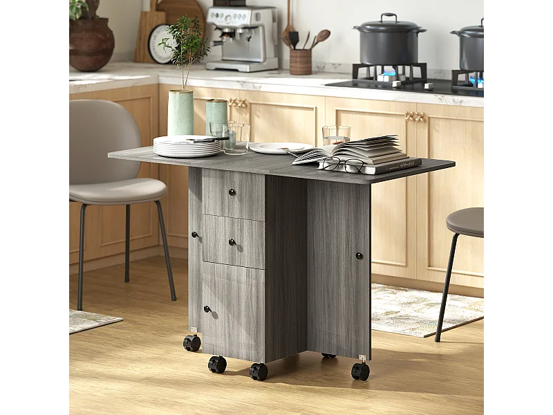 Table pliable de cuisine salle à manger - 2 tiroirs, placard, niche - panneaux aspect bois anthracite