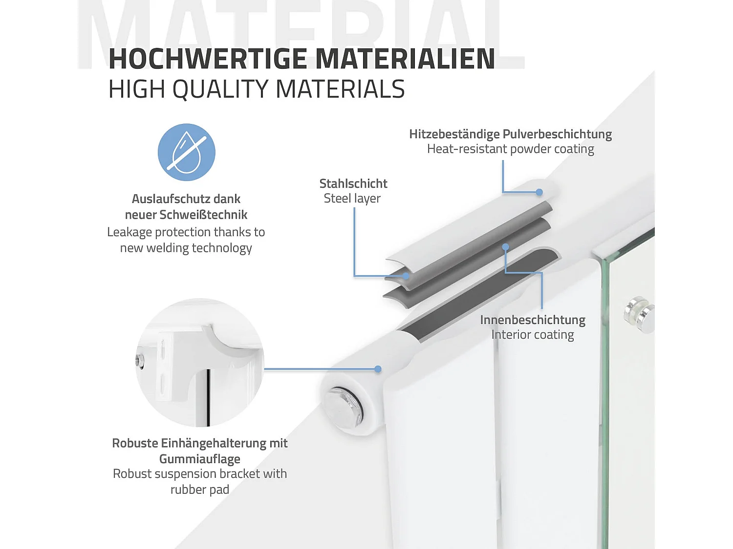 Radiatore a specchio termoarredo 450 x 1600 mm con connessione universale bianco