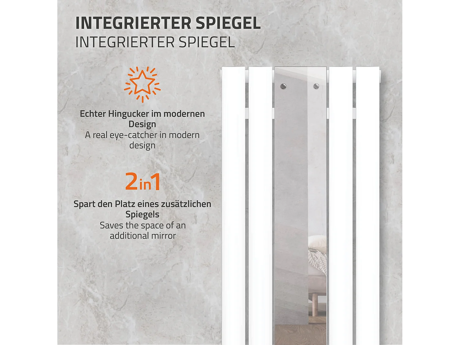 Radiatore a specchio termoarredo 450 x 1600 mm con connessione universale bianco