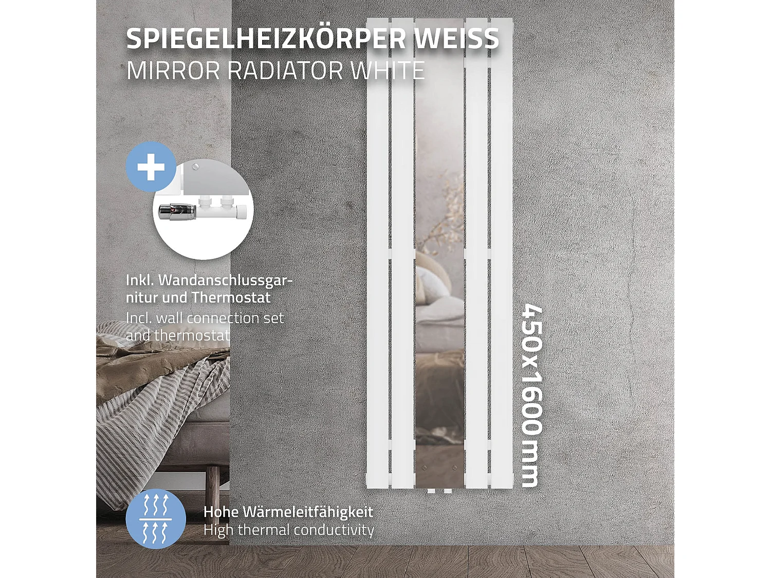 Radiatore a specchio termoarredo 450 x 1600 mm con connessione a parete bianco