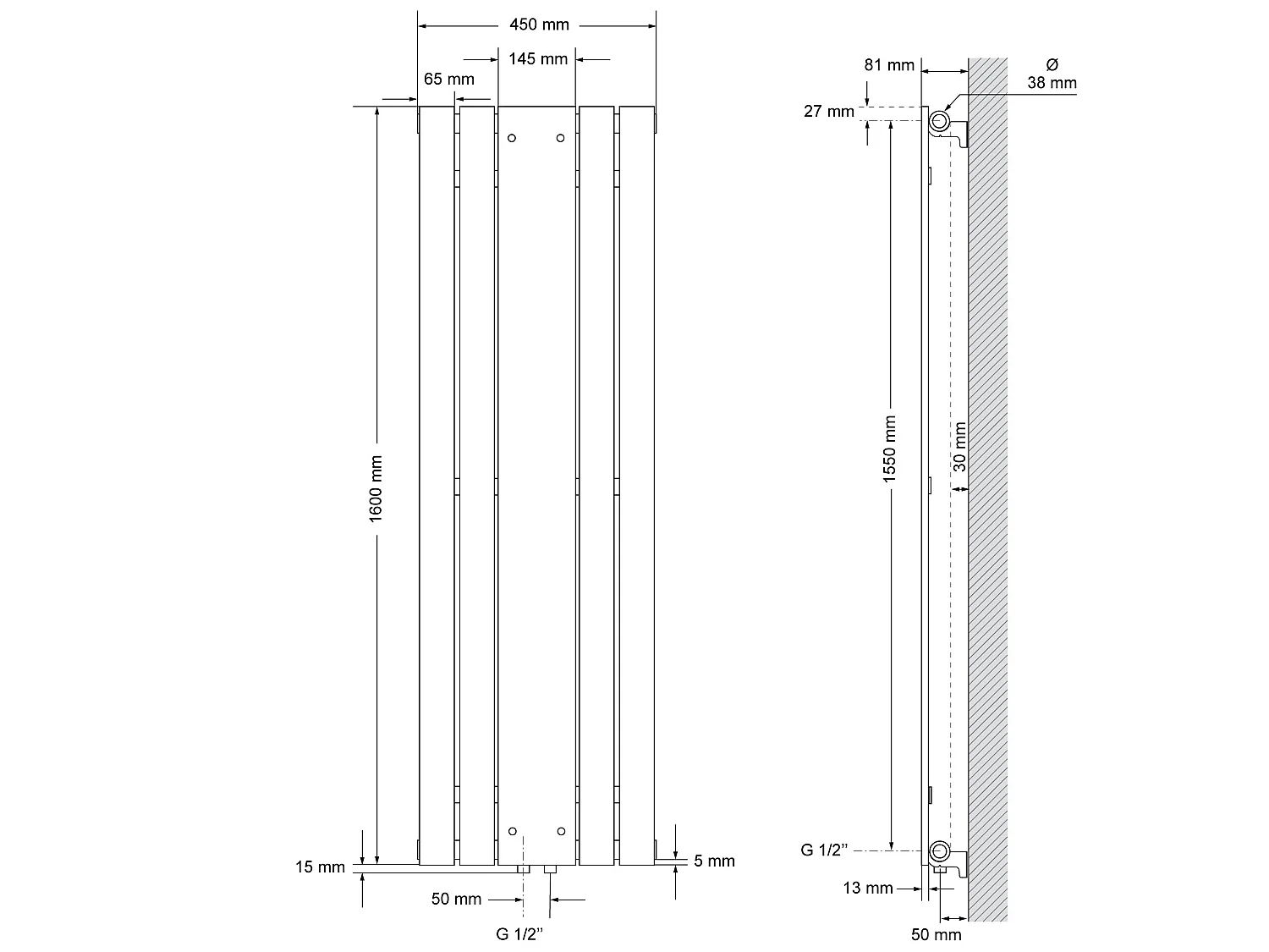 Radiatore a specchio termoarredo 450 x 1600 mm con connessione a parete bianco